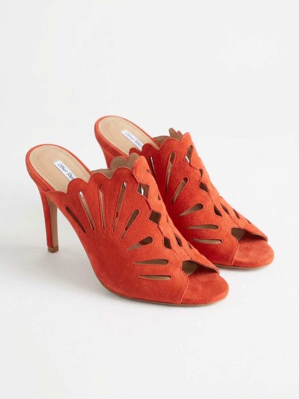 & Other Stories Mules Womens 9 Rust Orange Suede Cutout Scalloped Stiletto Heel